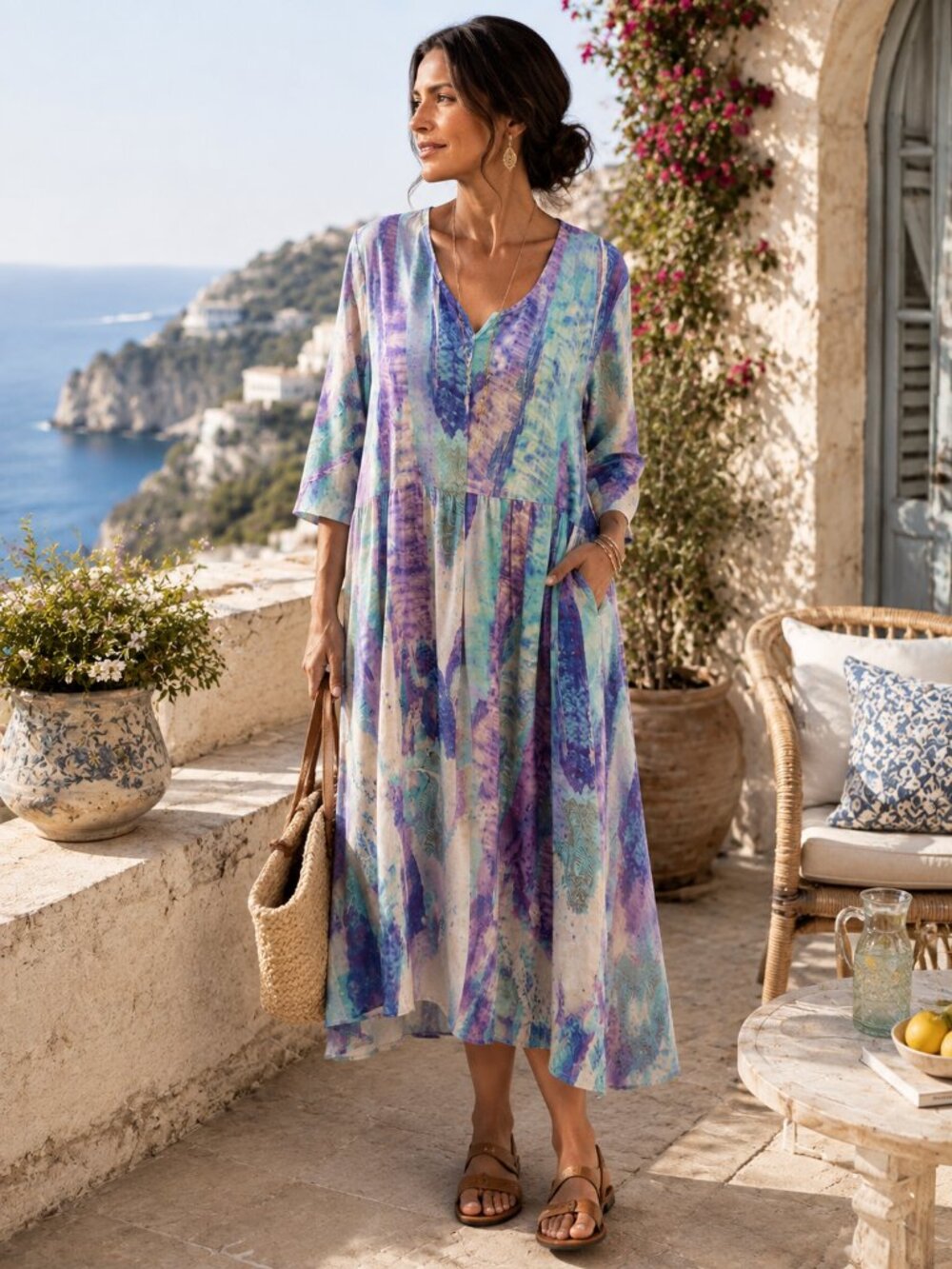NWT Soft Surroundings XL Wearable Art Watercolor Linen Blend Midi Dress Pockets - Picture 5 of 8